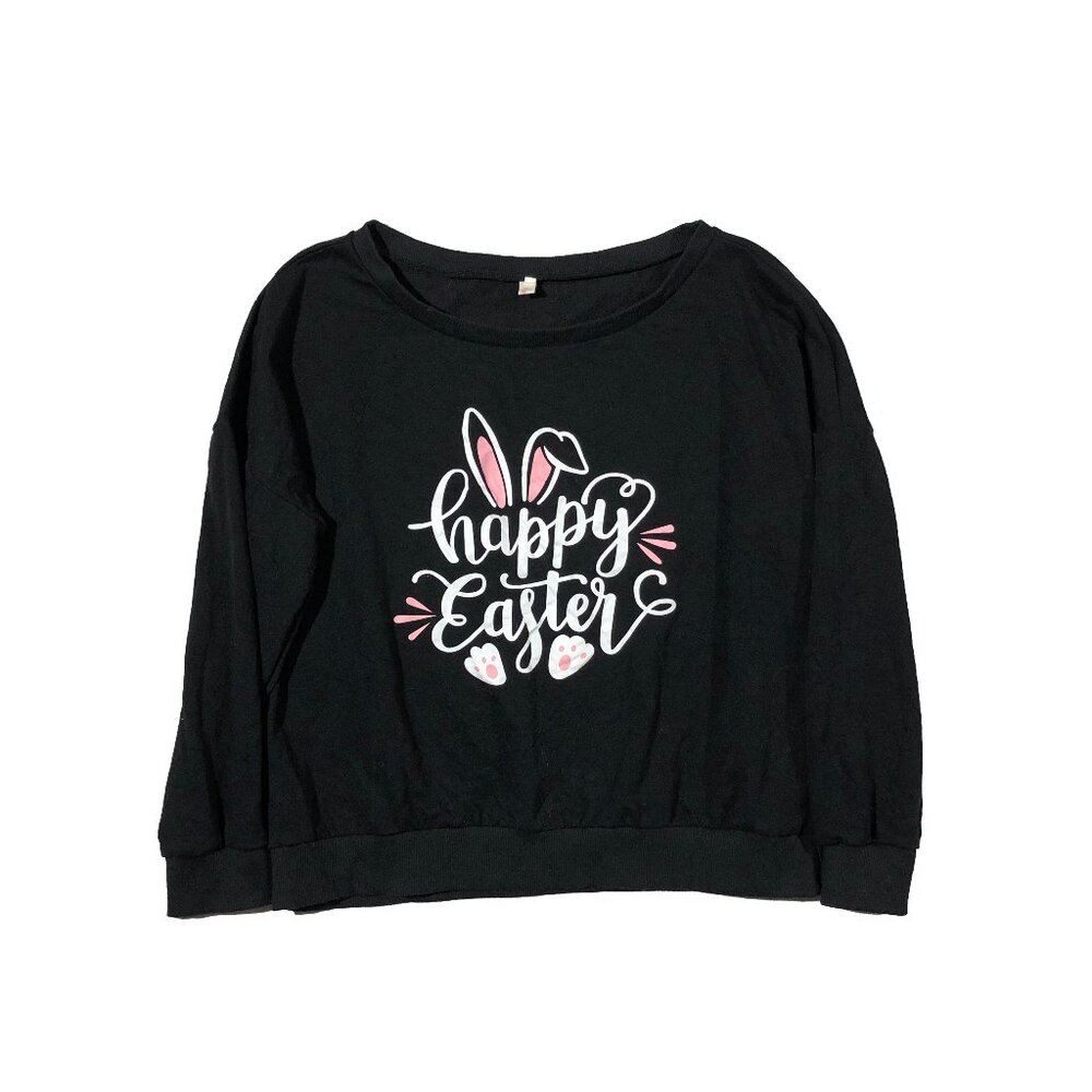 Roshop Womens XL Black Easter Bunny Round Neck Pullover Sweatshirt